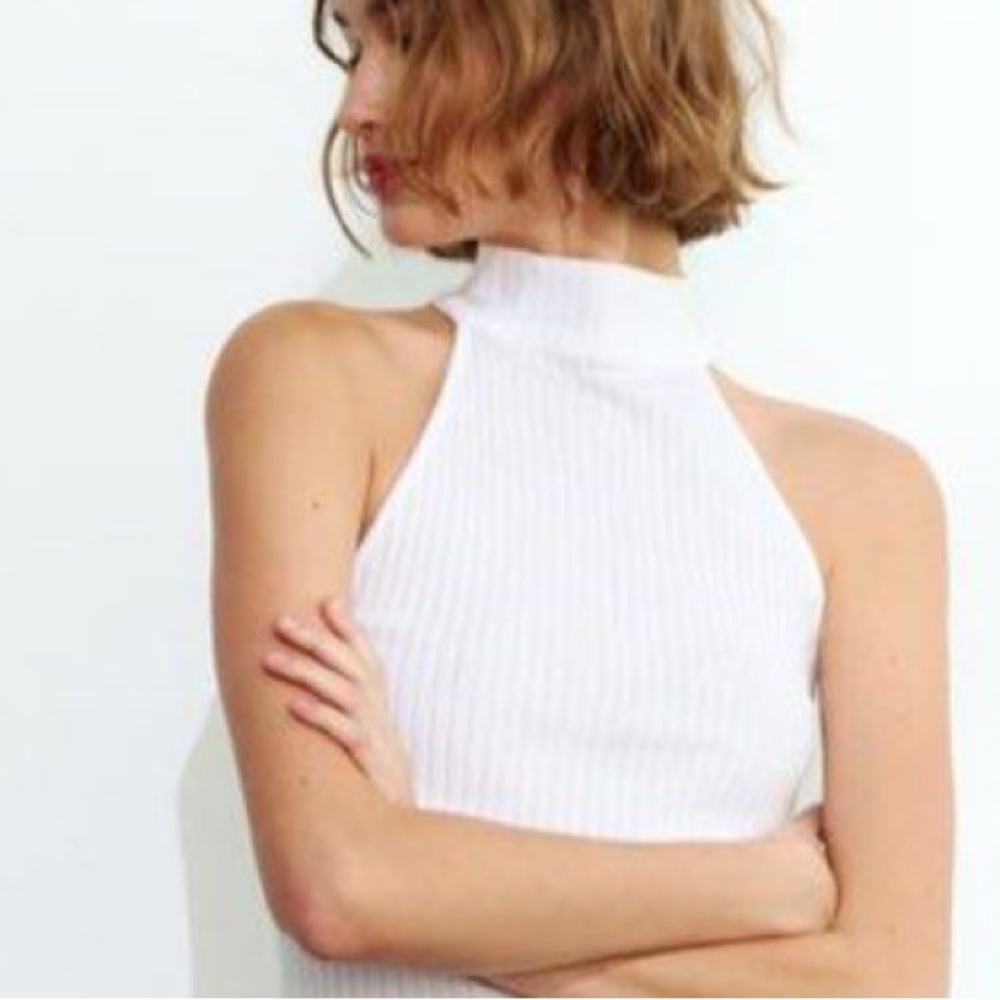 Zara Knit Ribbed knit High Neck Halter Top in White